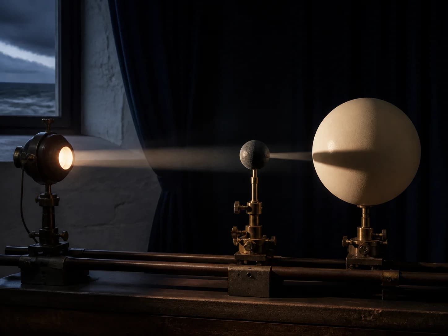 Earth shadow and lunar eclipse diagram inside a dark observatory