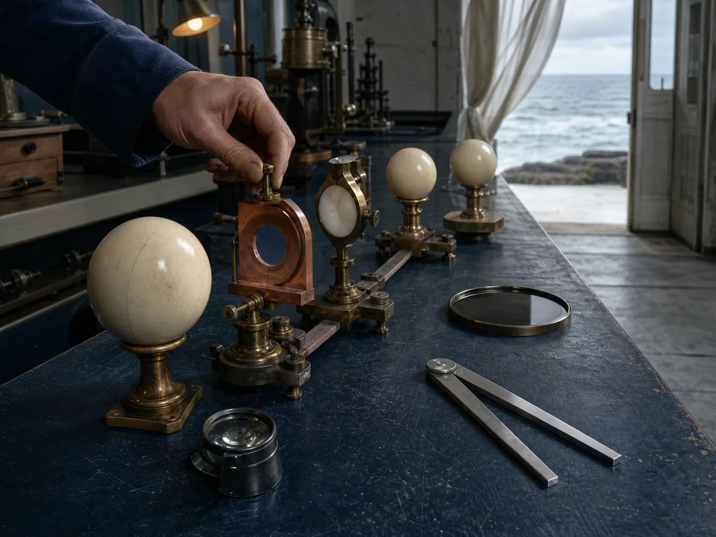 Four physical astronomy instruments arranged on a navy workbench