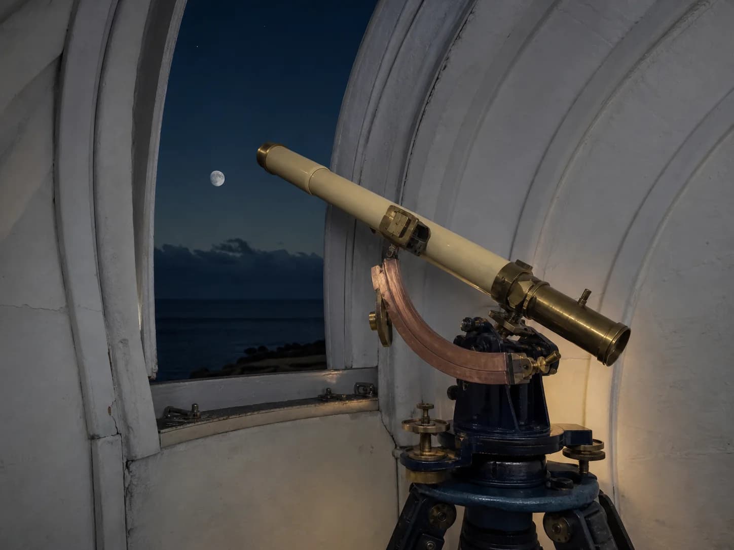 Night observatory horizon dome with brass altitude and azimuth controls
