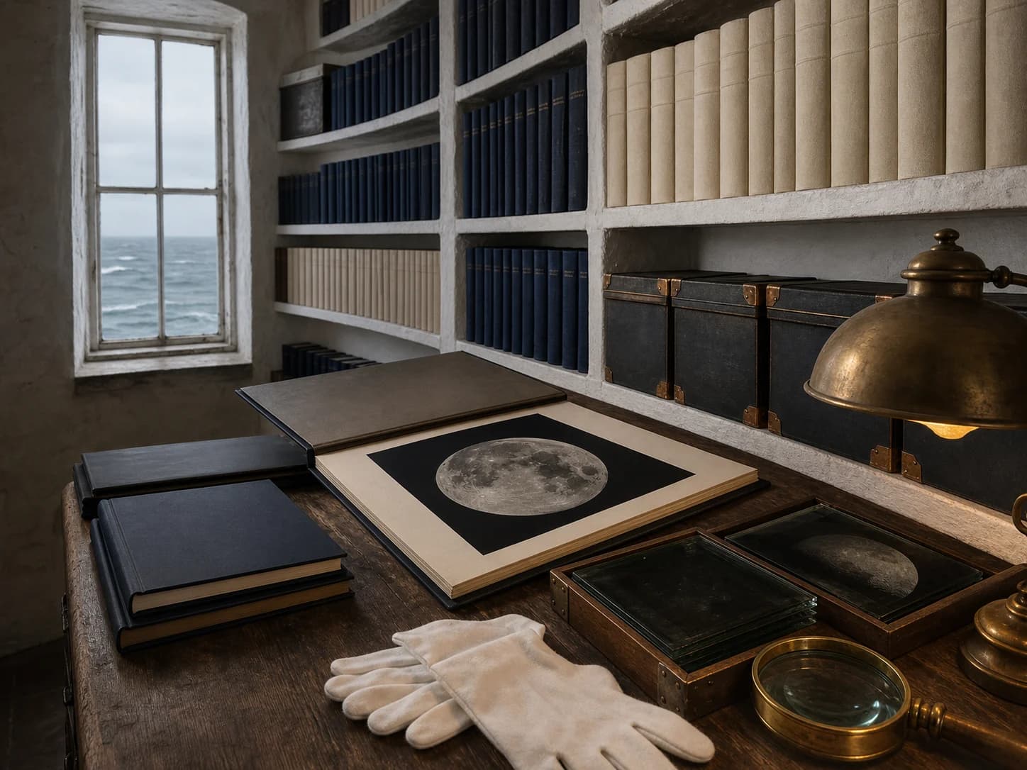 Astronomy reference books and observation records on a coastal study desk