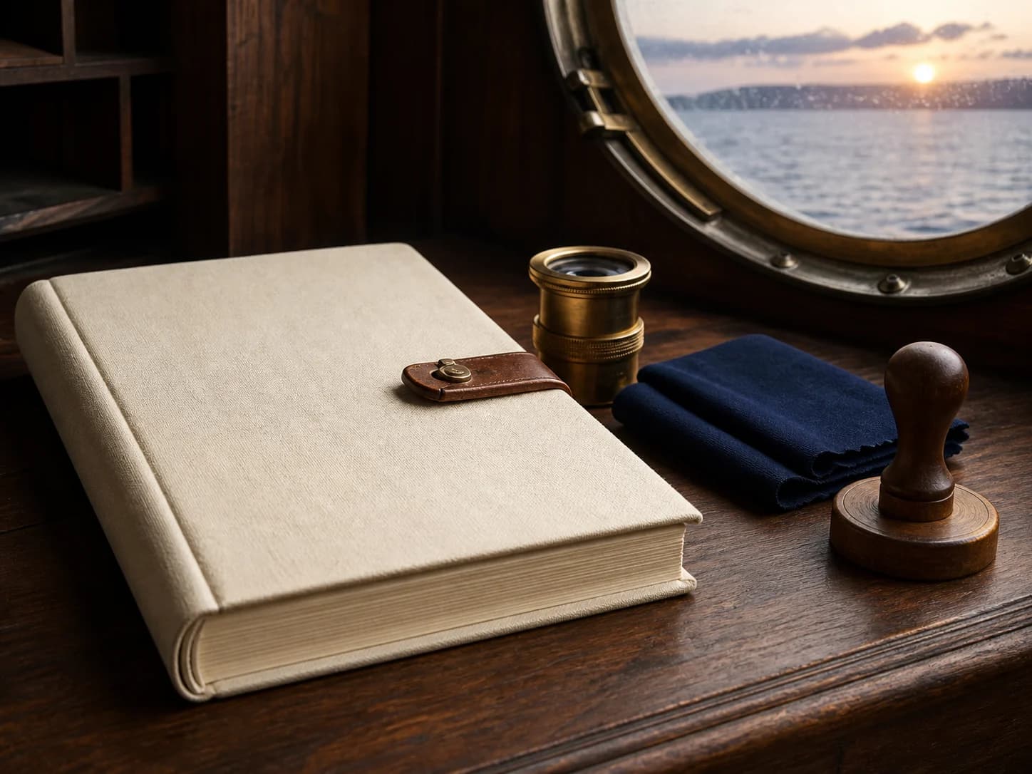 Signed astronomy field log beside a brass instrument and lunar chart